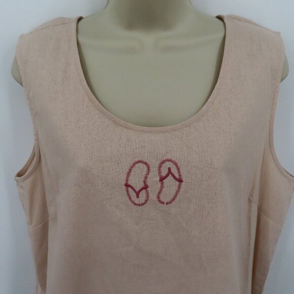AKC Women Large Petite LP Pink Embroidered Flip Flops Linen Blend Tank Top Shirt - Picture 2 of 9